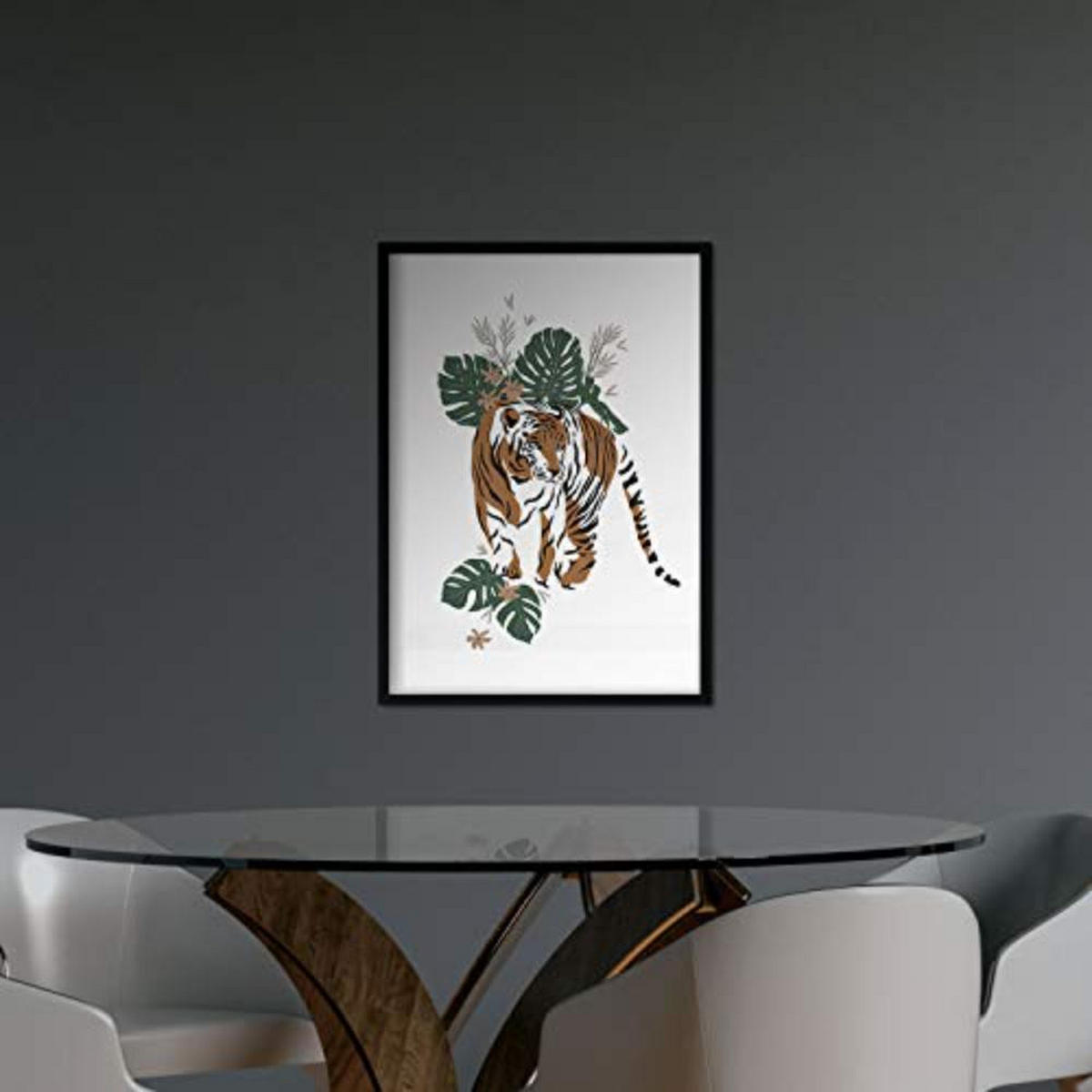 POSTER Set mit 4 tiere Tiger Leopard Tiere, Blumen und Pflanzen des Dschungels A3 Schwarzer Rahmen - Schwarz, Papier (29.7/3cm) - Nacnic