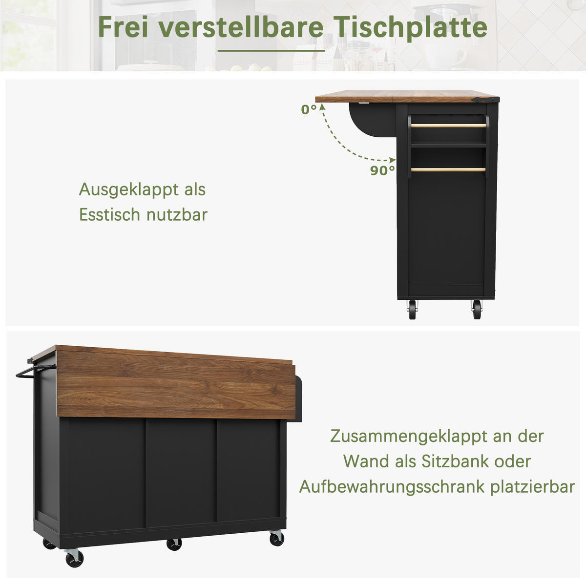 KÜCHENINSEL 140x73x94cm Schwarz mit 3 Schubladen & 5 Rollen - Schwarz, Holzwerkstoff (140/94/73cm) - Modfu