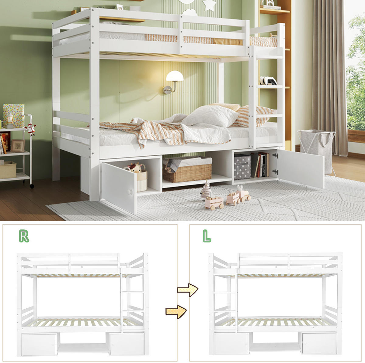 ETAGENBETT 90/200 cm Weiß mit Schuhregalen und Schließfächern aus Massivholz - Weiß, Holzwerkstoff (90/200cm) - OKWISH