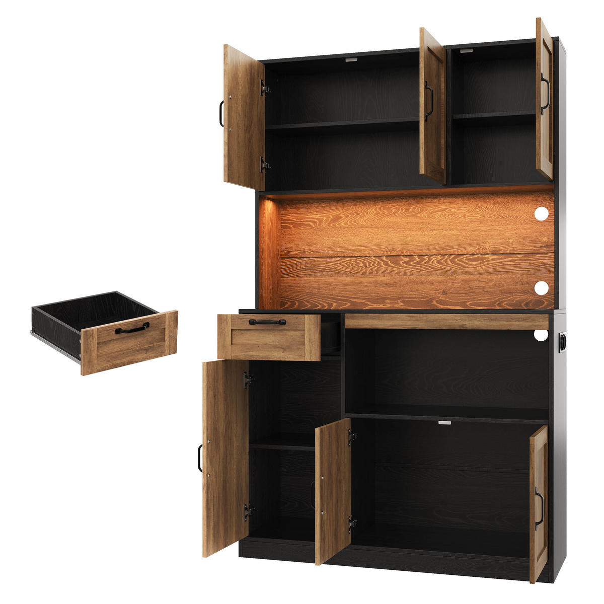 KÜCHENSCHRANK Vorratsschrank mit RGB-LED Steckdosen 6 Türen 1 Schublade 180cm - Naturfarben, Holzwerkstoff (110/180/40cm) - Urban Meuble