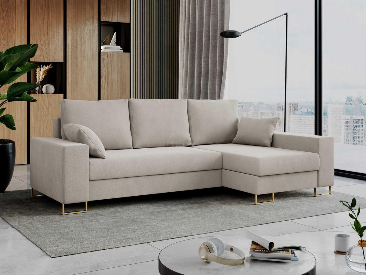 ECKSOFA Dorian Velvet Beige - Ecru/Goldfarben, Textil/Metall (242/138cm) - MKS
