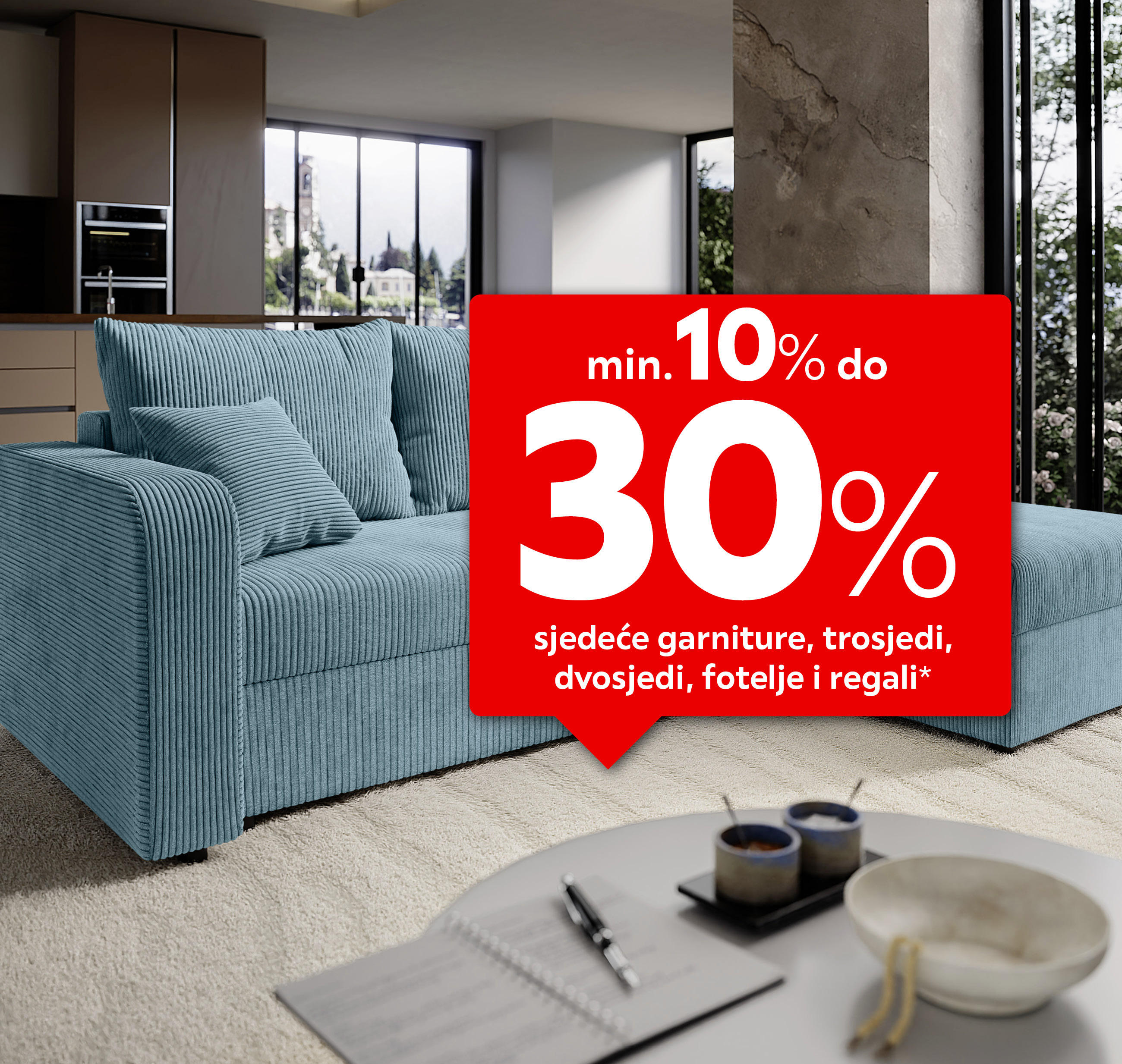 min. 10% do 30% sjedeće garniture, trosjedi, dvosjedi, fotelje i regali*