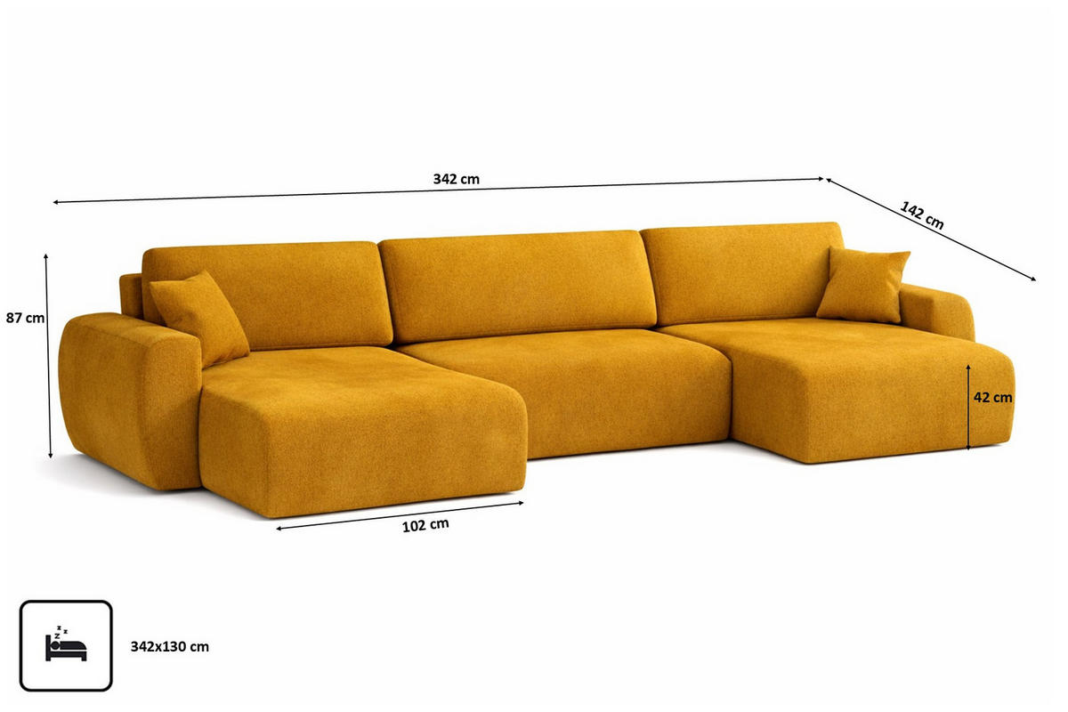 ECKSOFA Mit Schlaffunktion Und Bettkasten U-Form Ariel U, Veloursstoff Salvador, Gelb - Gelb, Holz (342/142cm) - Kaiser Möbel