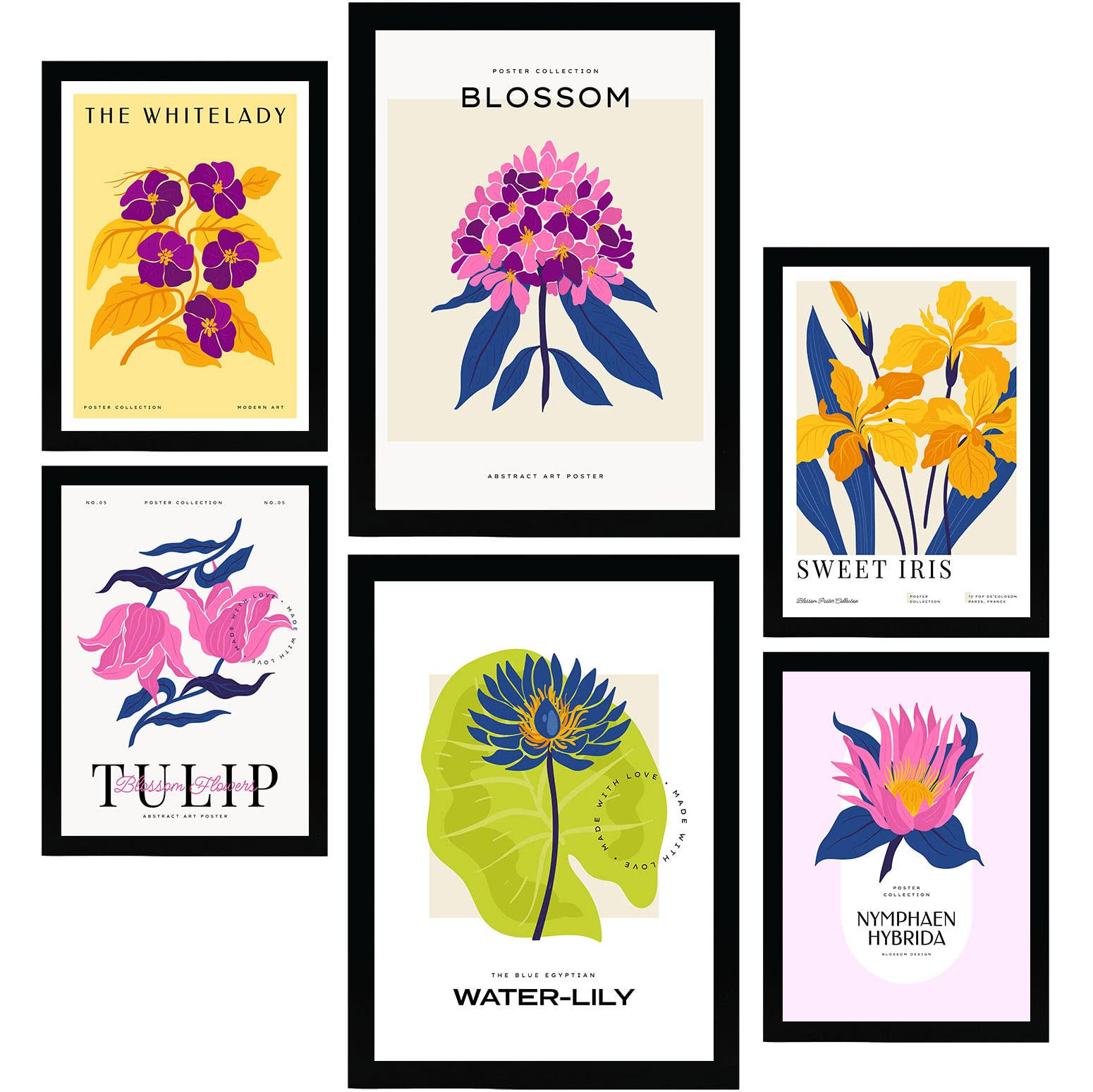 POSTER Set Mit 6 Blumen Süße Natur Und Botanikdrucke Für Innenarchitektur A3 & A4 Schwarzer Rahmen - Schwarz, Papier (29/3cm) - Nacnic