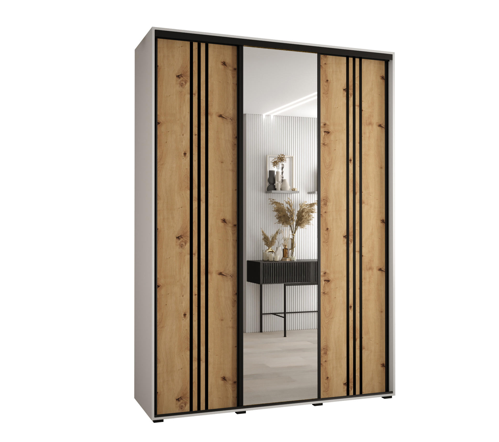 Abiks Möbel Schwebetürenschrank Weiß, Eiche Artisan, Schwarz 170x235x45 cm