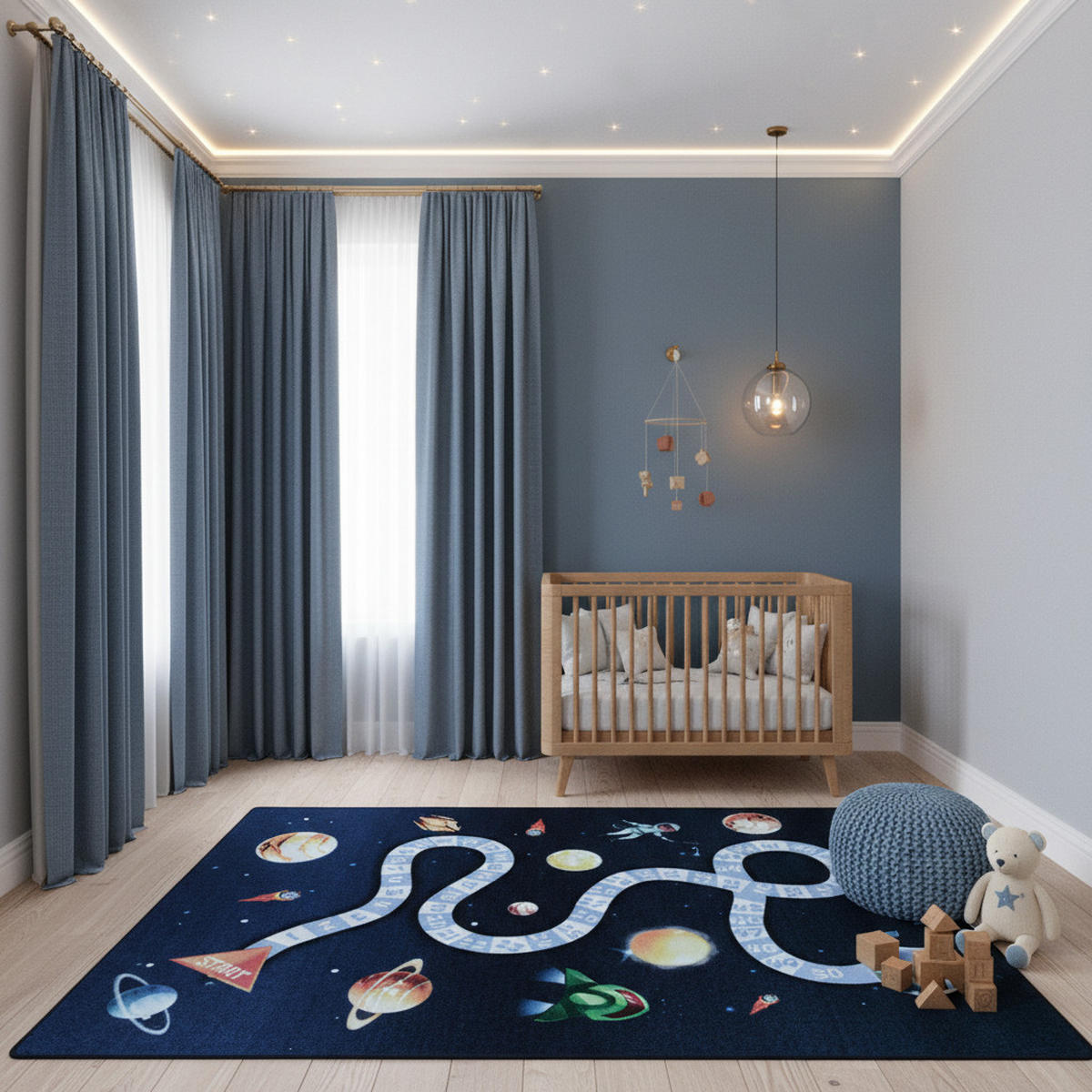 TEPPICH Kinderzimmer Weltraum Bunt Waschbar Spielzimmer Marineblau 100x150 cm – TRAUN - Blau, Textil (100/150cm) - KADIMA DESIGN