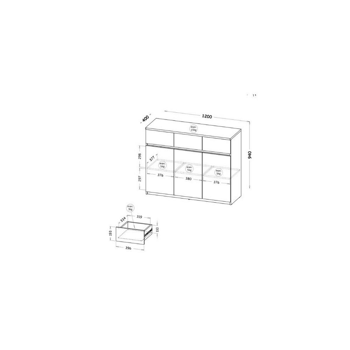 KOMMODE KRYOS 120/94/40cm mit 3 Schubladen 3 Türen Weiß - Weiß, Holzwerkstoff (120/94/40cm) - MASSENO