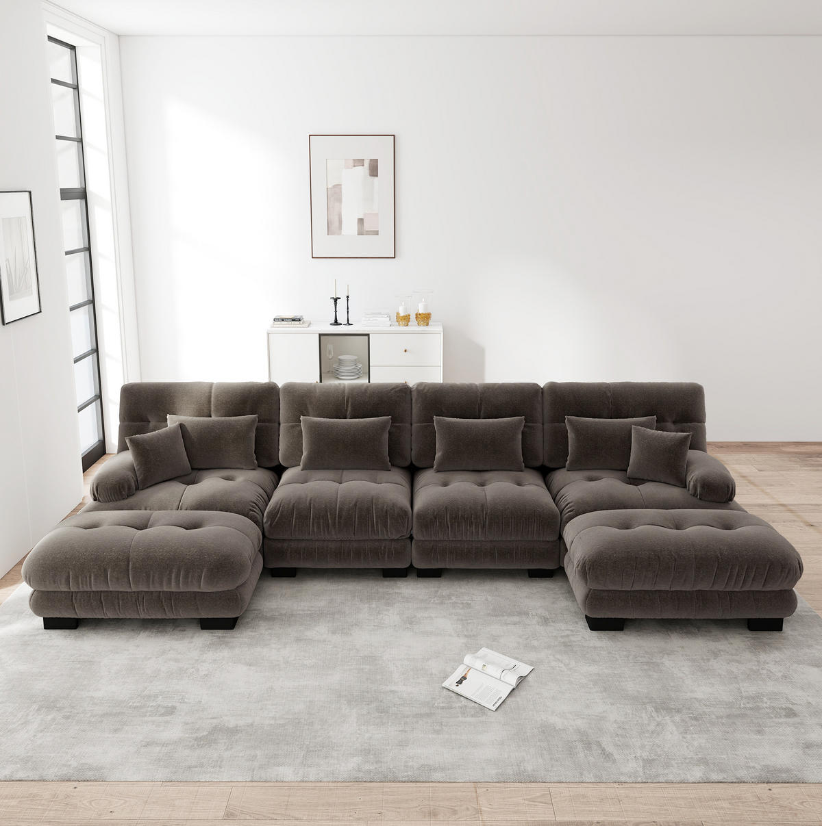 SOFA modular mit beweglichen Ottomans Chenille Brown 5-tlg. - Dunkelgrau, Kunststoff (145/81/406cm) - Meubliv