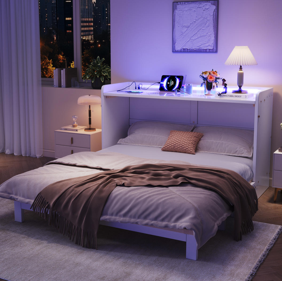 SKLÁPĚCÍ postel 140/200 cm bílá z MDF s LED osvětlením USB a zásuvkou - bílá, kompozitní dřevo (140/200cm) - OKWISH