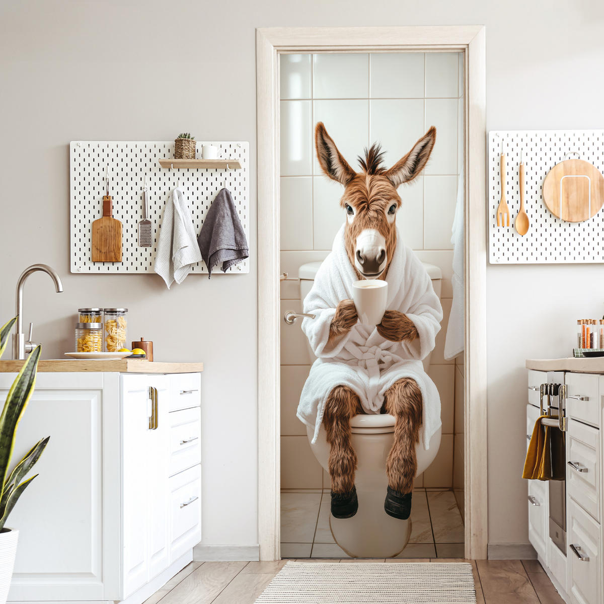 TÜRAUFKLEBER Selbstklebend - Esel - WC - Lustig - Bademantel - Tier 95x235 cm - Türtapete - Beige, Kunststoff (95/0.1cm) - MuchoWow