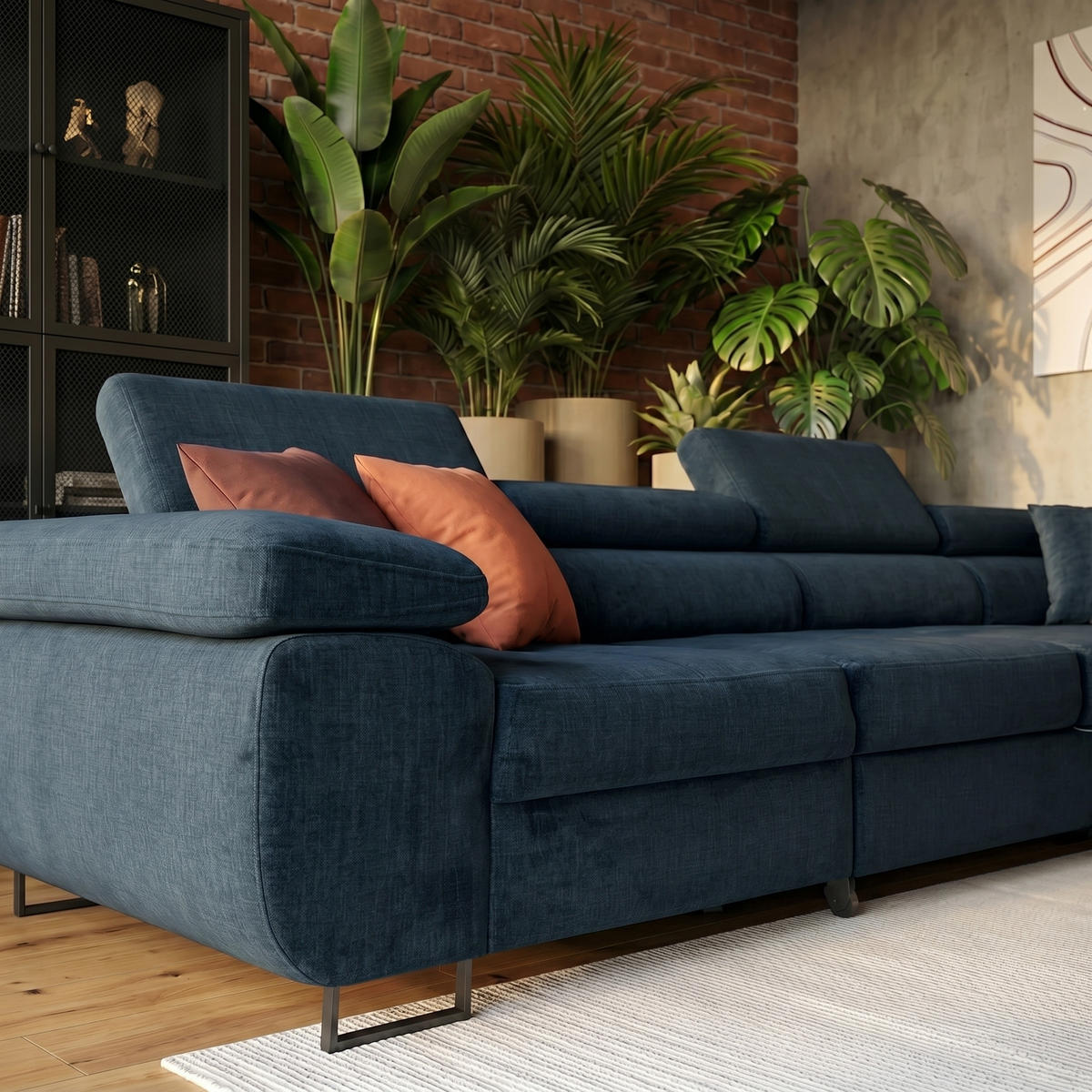 ECKSOFA WILD MAXI L Rechts mit Schlaffunktion 125x195 Velours Dunkelblau - Chromfarben/Dunkelblau, Holz/Textil (203/350cm) - Muffo