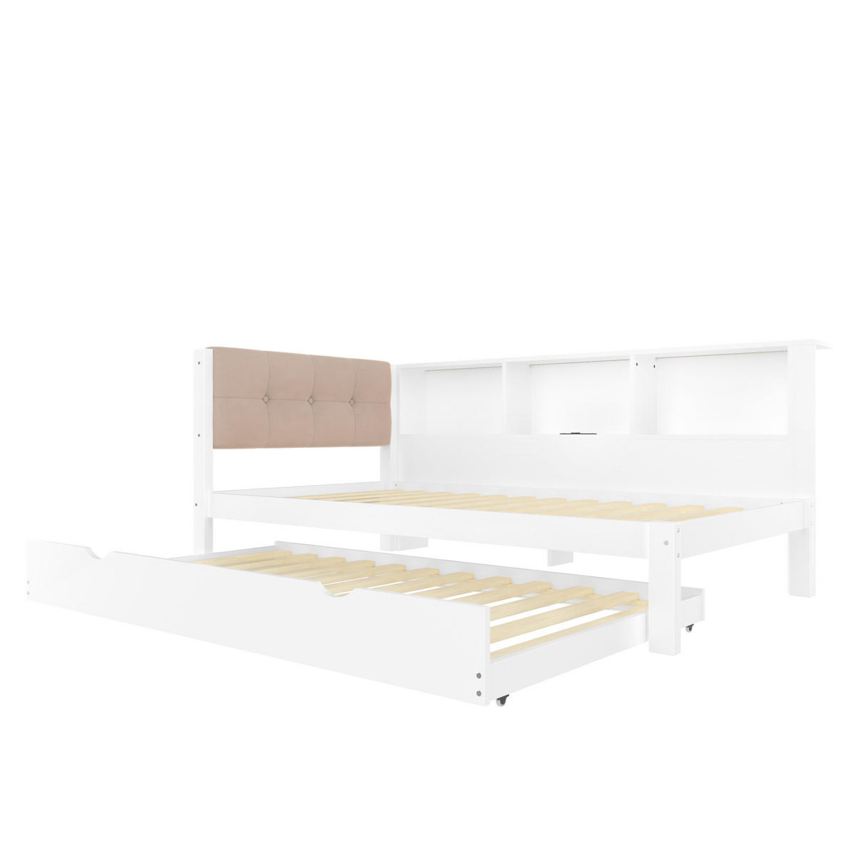 TAGESBETT 90/200 cm mit Ausziehbett, LED-Beleuchtung, USB-Anschluss und Regal, Kiefer/MDF, Weiß - Weiß, Holzwerkstoff (90/200cm) - Redom