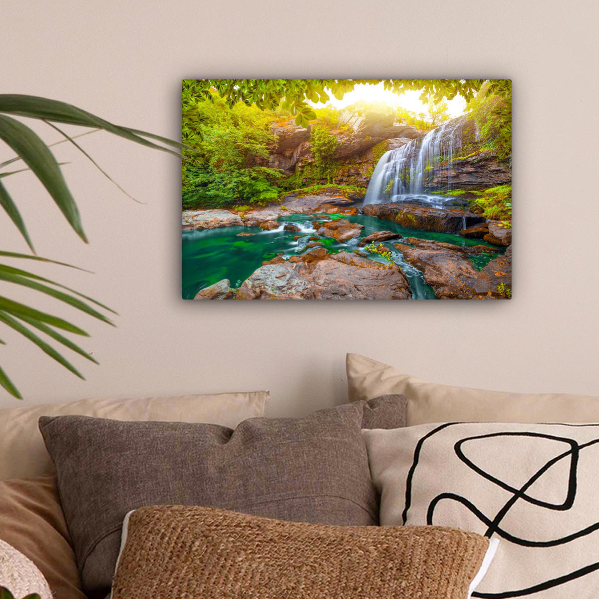 LEINWANDBILD Natur - Wasserfall - Pflanzen - Bäume - Sonne 30x20 cm - Olivgrün, Textil (30/20cm) - MuchoWow