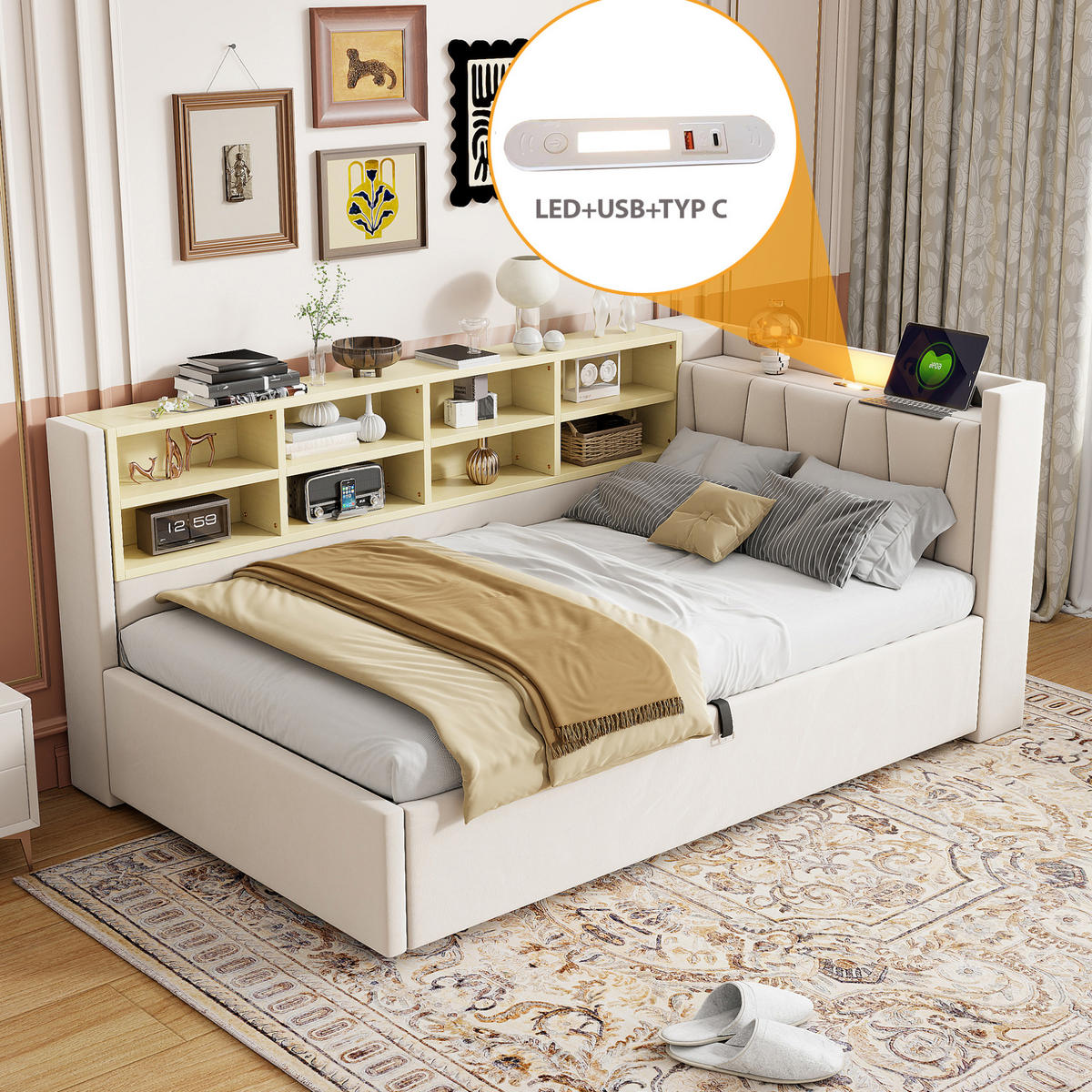 POLSTERBETT 90/200 cm in Beige mit Stauraum und USB- und Type-C-Anschlüssen - Beige, Textil (90/200cm) - Flora Grace
