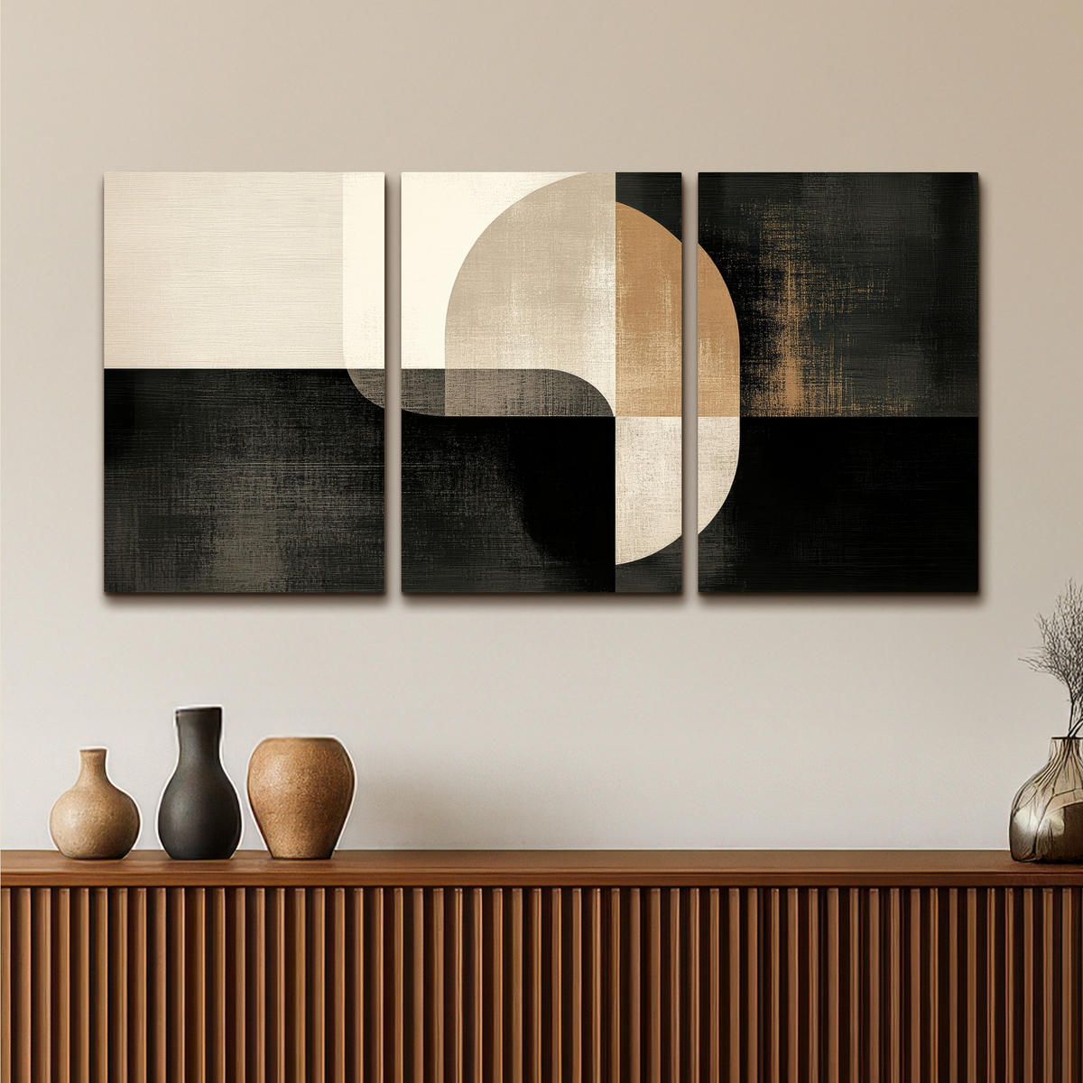 LEINWANDBILD 3er Set Formen - Abstrakt - Gold 120x60 cm - Schwarz, Textil (120/60cm) - MuchoWow