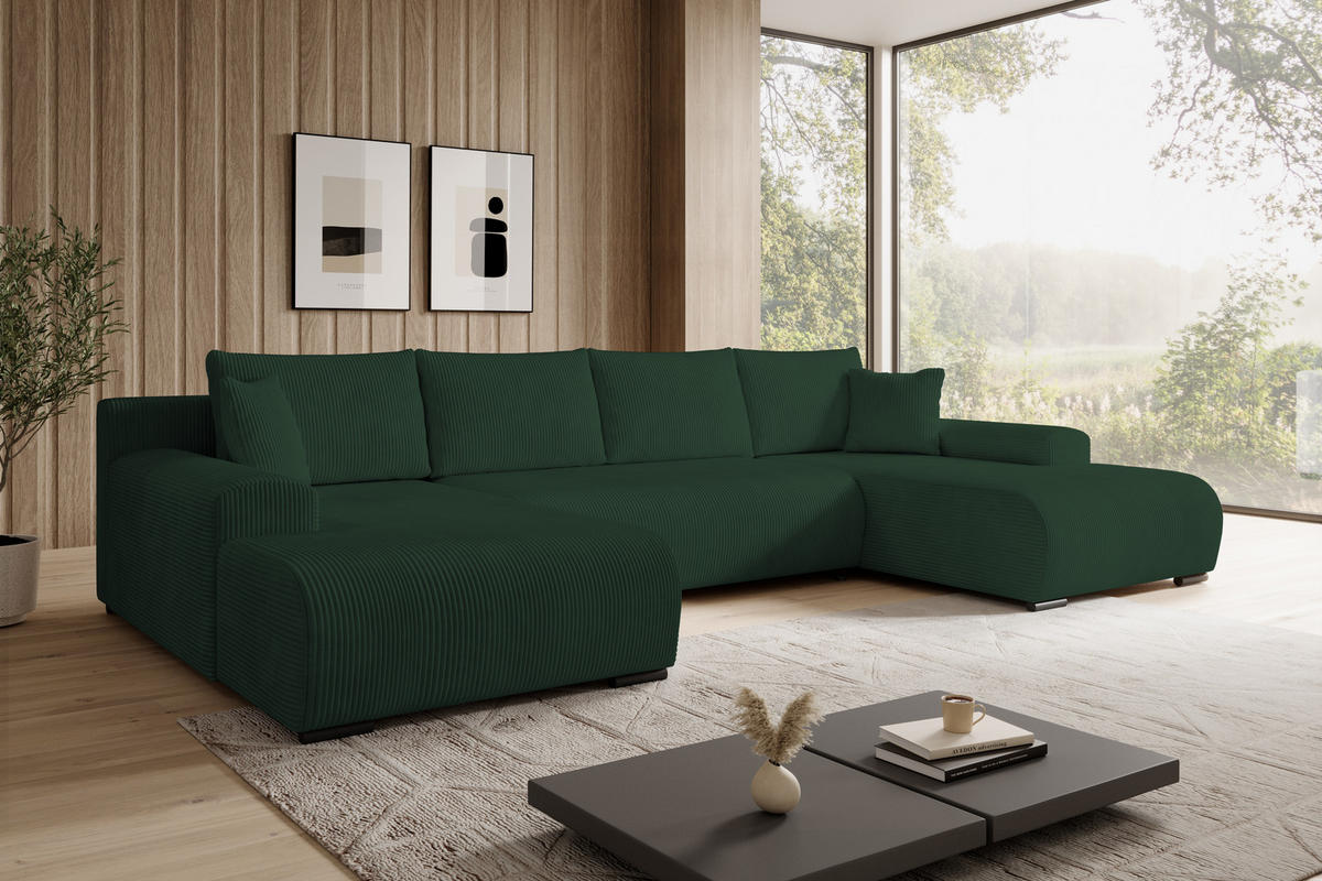 WOHNLANDSCHAFT Nelly U mit Bettkasten und Schlaffunktion, Cordstoff in U-Form - Grün, Textil (349/80/185cm)