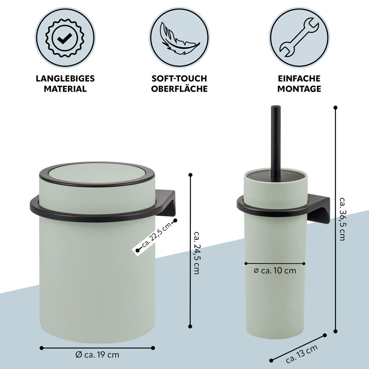 WC-GARNITUR 2-TLG. Bürste u. Eimer SAVONA Softtouch inkl. Wandhalterung, rund - salbei - Salbeigrün, Kunststoff (19/24.5/19cm) - bremermann