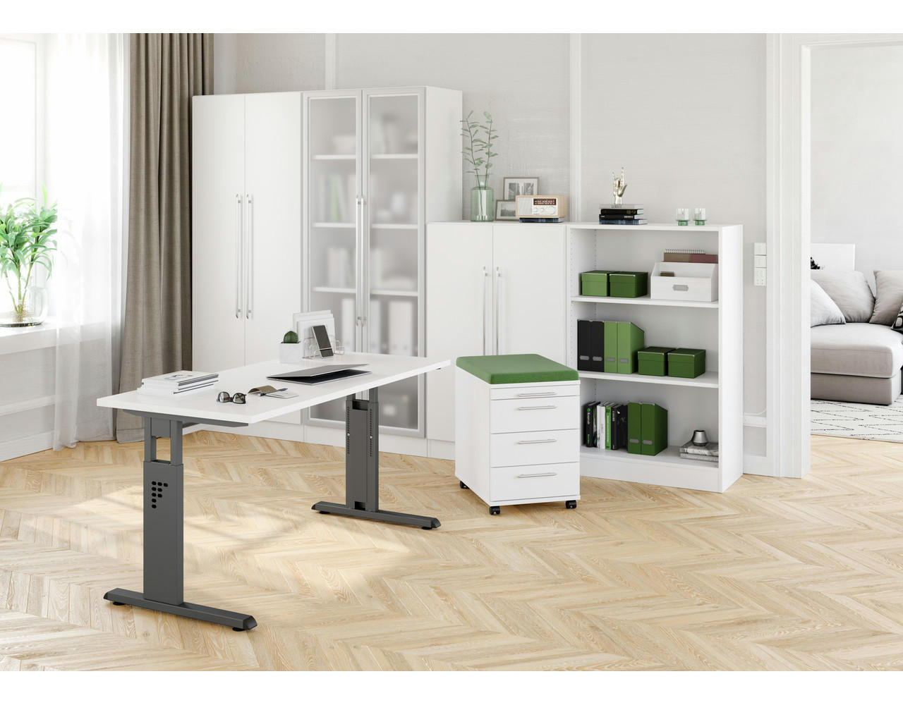 BÜROMÖBEL Solido in Weiß 7 teilig - Weiß, Holzwerkstoff (120/80/200cm)