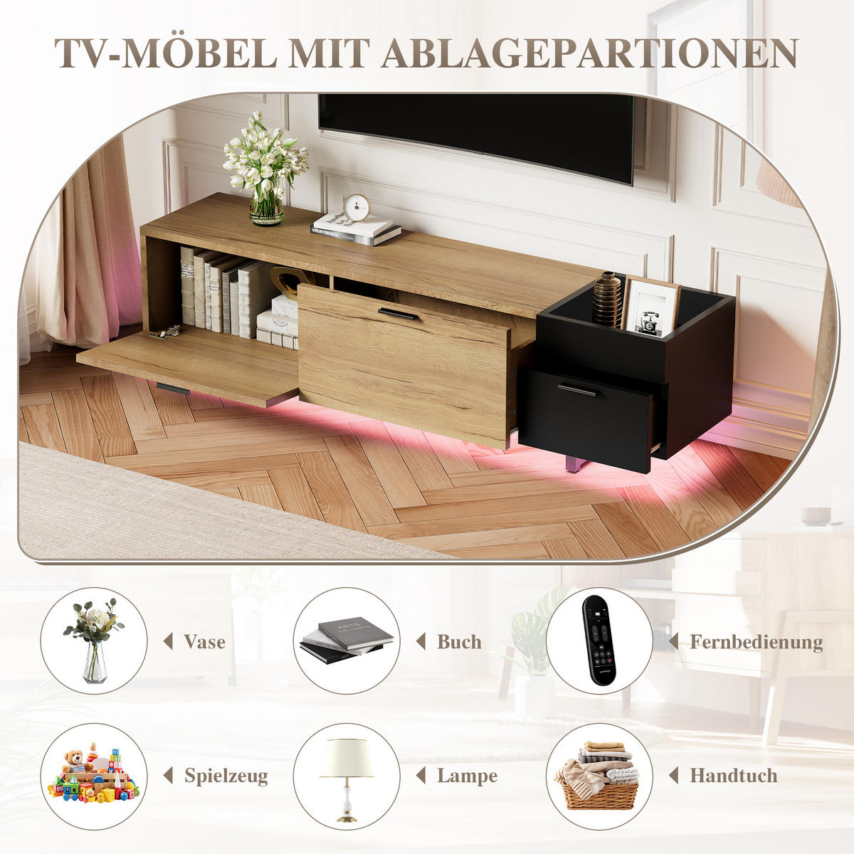 TV-ELEMENT 180/38/49 cm Schwarz mit offenen Fächern, 2 Schubladen und Stauraum - Schwarz, Holz (180/49/38cm) - Oxeza