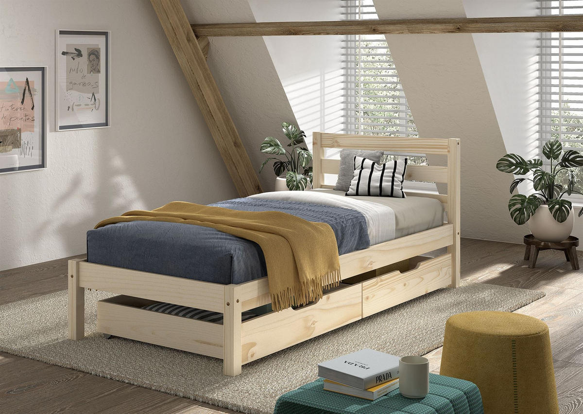 EINZELBETT Karolina Kiefer 90x200 mit Rolllattenrost und Schubladen - Kieferfarben, Holz (90/200cm) - 58aufmkessel