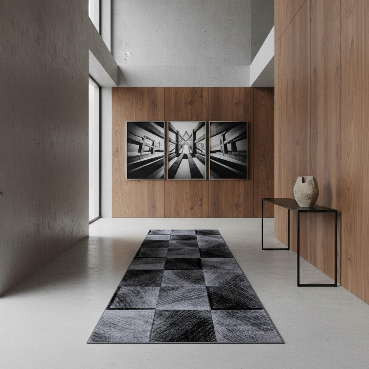 TEPPICH Kurzflor Karo-Design Polypropylen Wohnzimmer Schwarz Läufer 80x300 - Schwarz, Textil (80/300cm) - KADIMA DESIGN