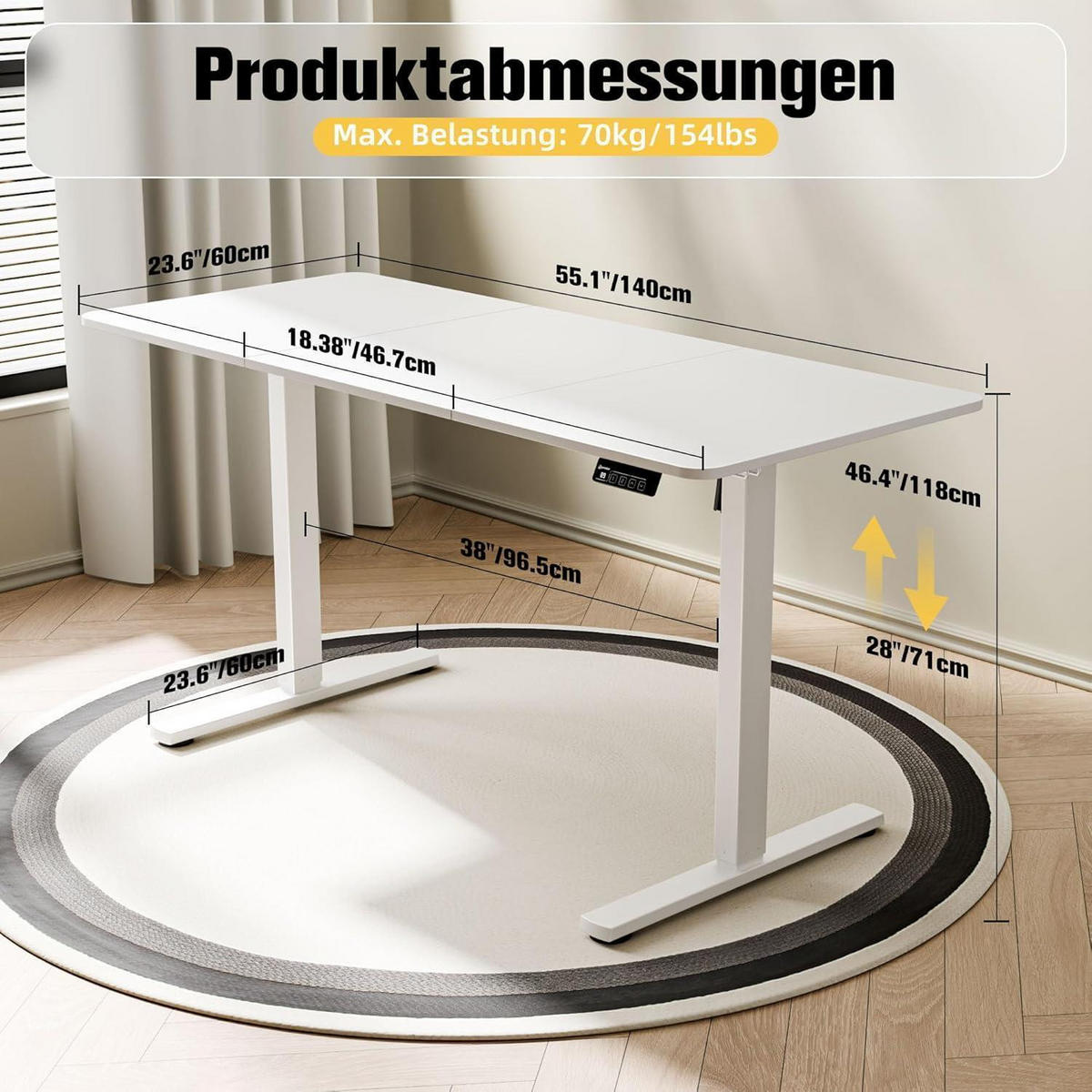 SCHREIBTISCH elektrisch höhenverstellbar Weiß 140 x 60 cm - Weiß, Metall (60/140/73cm)