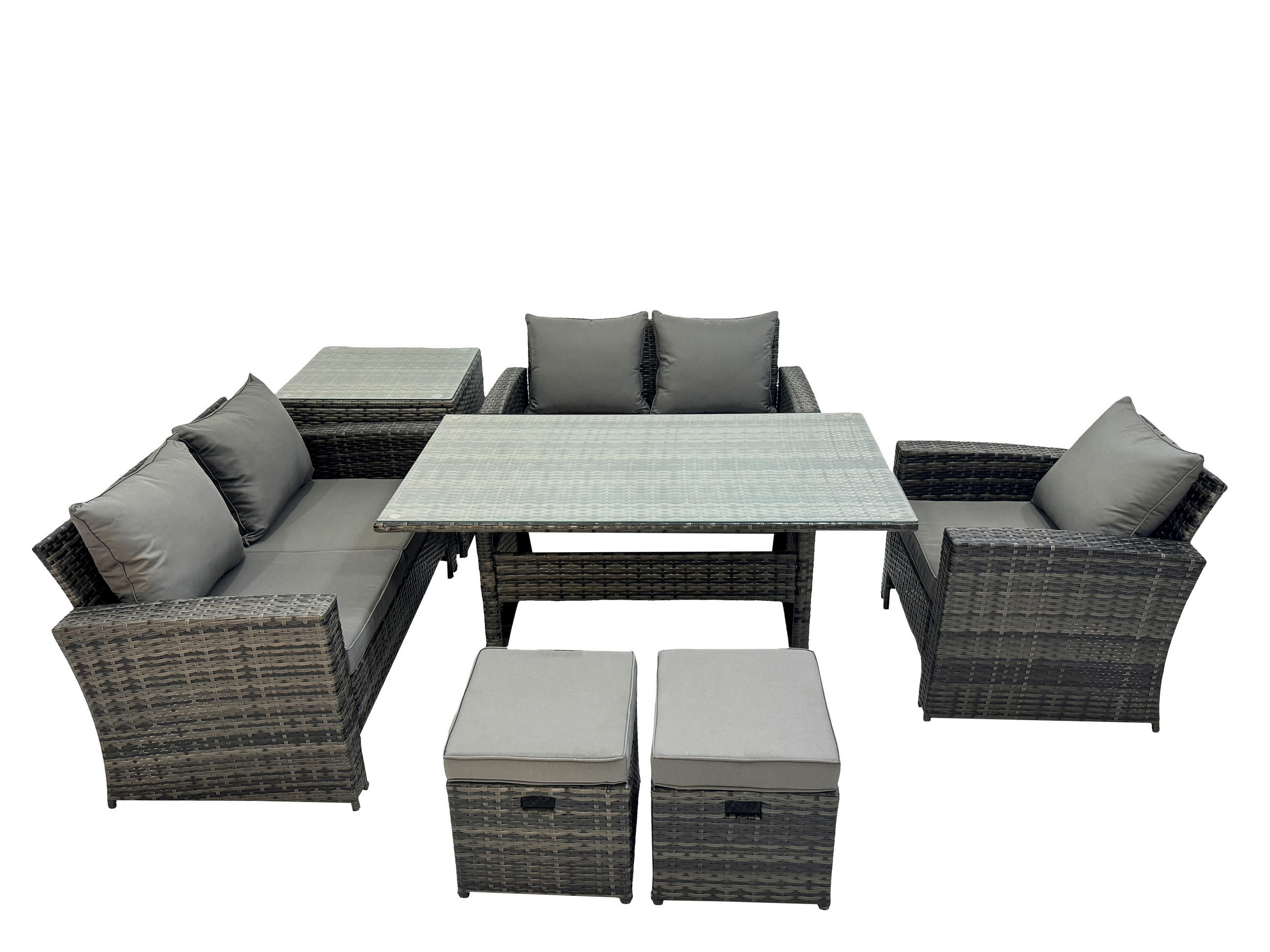 GARTENMÖBELSET mit 2-Sitzer Sofa,2 Hockern,Esstisch,Beistelltisch Polyrattan Dunkelgrau 7-Sitzer - Dunkelgrau/Grau, Glas/Kunststoff - Fimous