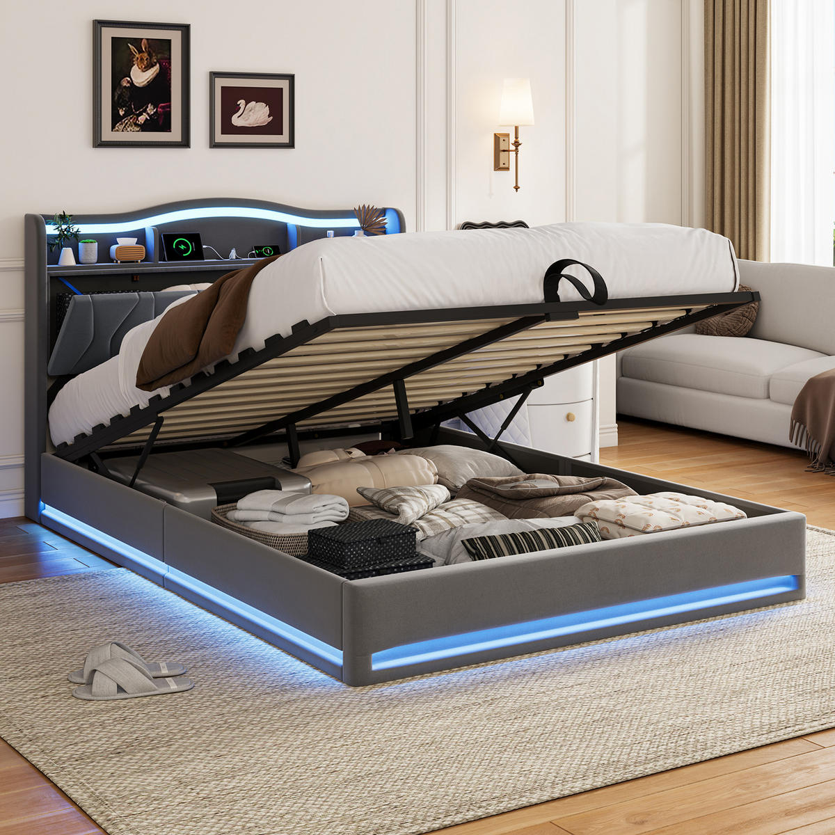 POLSTERBETT 160x200 cm mit Stauraum‑Kopfteil, Hydraulik‑Stauraum, LED und USB‑C Ladeanschlüsse, Velours‑Stoff, grau - Grau, Holz (160/200cm) - BRILVERDE
