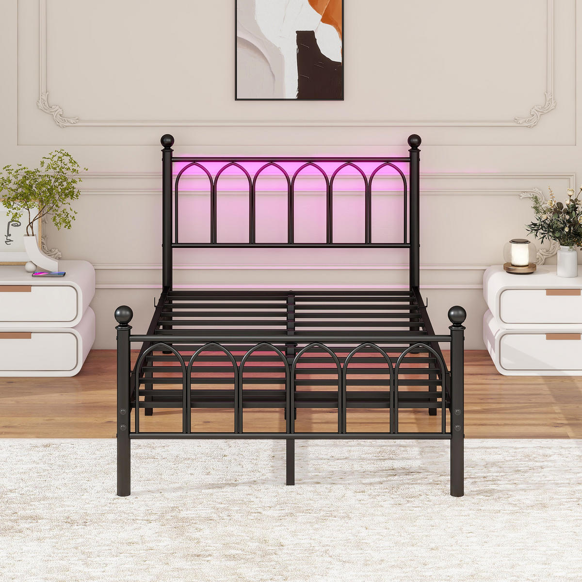 METALLBETT 120x200 cm LED USB schwarz - Schwarz, Metall (120/200cm) - LEBENLANG