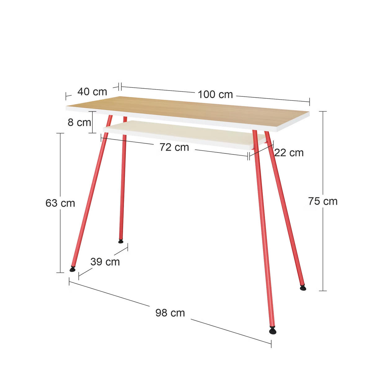 BÜROTISCH Kost Colors 100x40 cm – modernes Design in Rot - Rot, Holzwerkstoff (40/110/75cm) - Letti Moderni