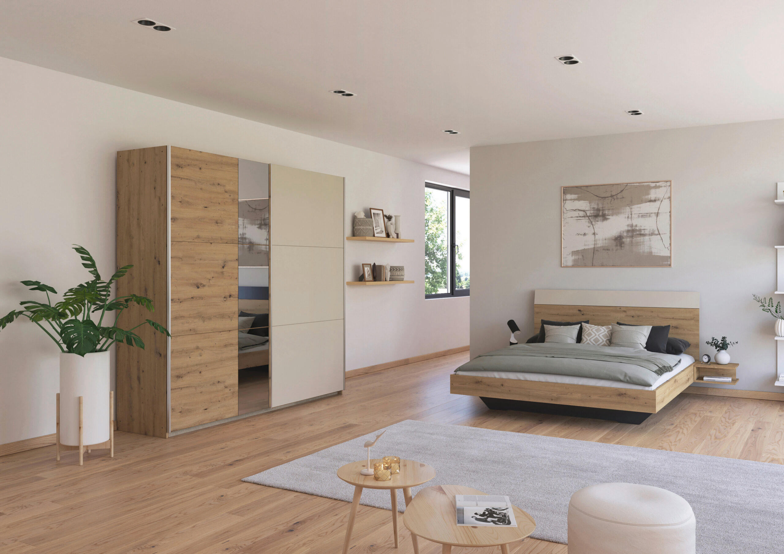 SCHLAFZIMMER Monza in Eiche Artisan und Beige mit Bettanlage 160x200cm, 2 Nachttischen und Schwebetürenkleiderschrank 4türig mit Spiegel - Braun, Holzwerkstoff (80/200/120cm)