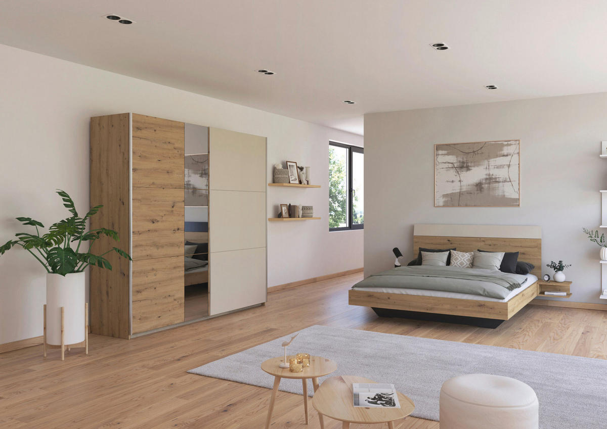 SCHLAFZIMMER Monza in Eiche Artisan und Beige mit Bettanlage 160x200cm, 2 Nachttischen und Schwebetürenkleiderschrank 4türig mit Spiegel - Braun, Holzwerkstoff (80/200/120cm)