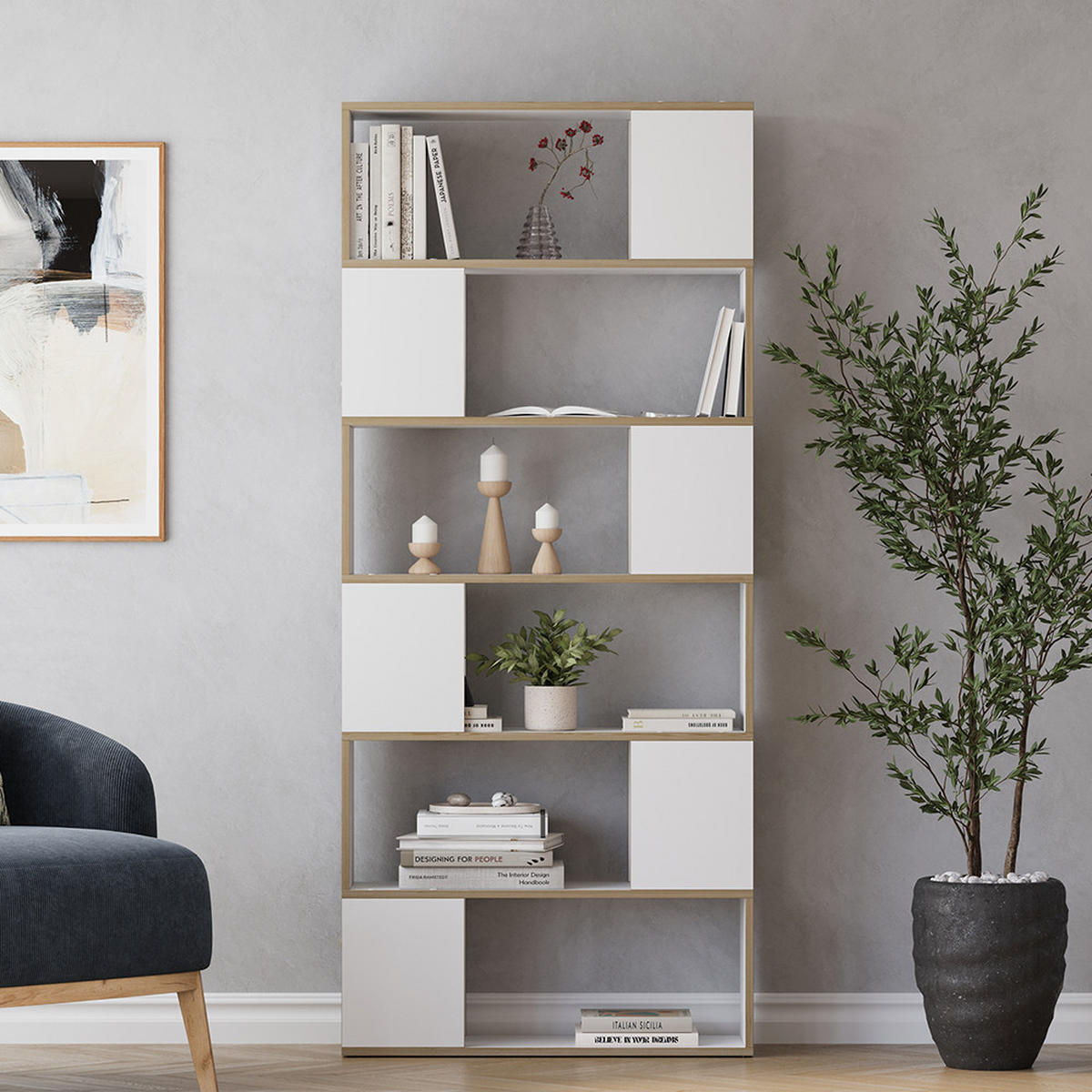 RAUMTEILER Eneos Weiß/Eiche 80 x 186 cm - Eichefarben/Weiß, Holzwerkstoff (80/186/24cm) - Vicco