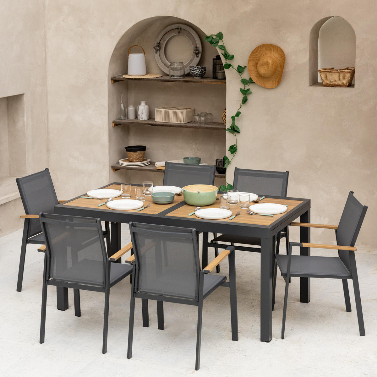 GARTENMÖBEL Palermo Grau und Anthrazitgrau 8 Plätze - Grau, Metall - Happy Garden