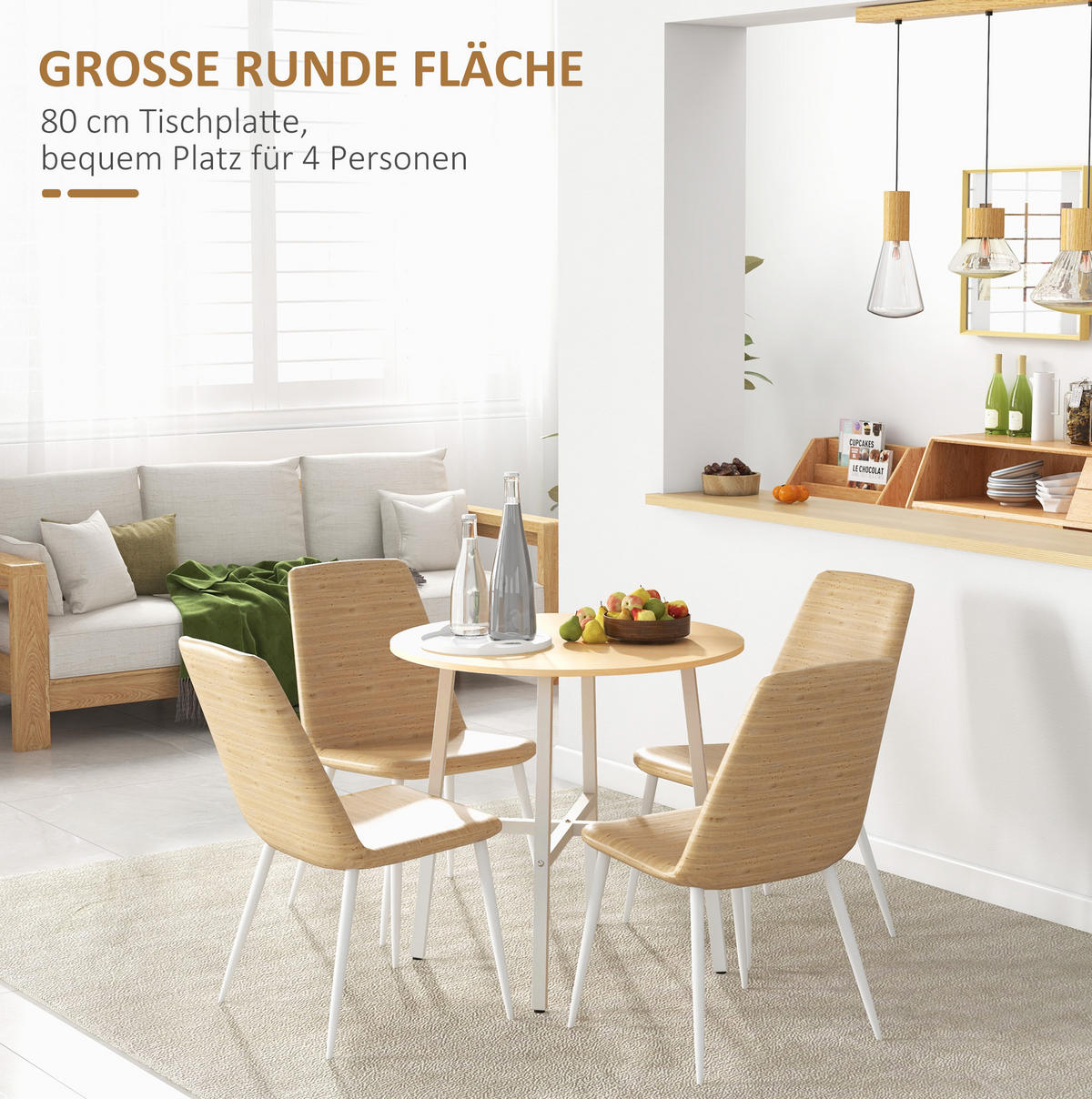 ESSTISCH aus Holzwerkstoff und Metall 80x80x76 cm Naturholz für 4 Personen mit rutschfesten Fußpolstern - Braun, Holzwerkstoff (80/80/76cm) - Modfu