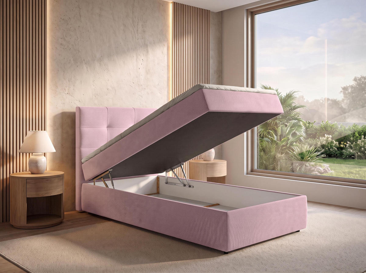 BOXBETT SAKARYA 100x200 cm mit Bettkasten und Matratze - Rosa + TOPPER - Schwarz/Rosa, Holz/Holzwerkstoff (100/200cm) - AX Living