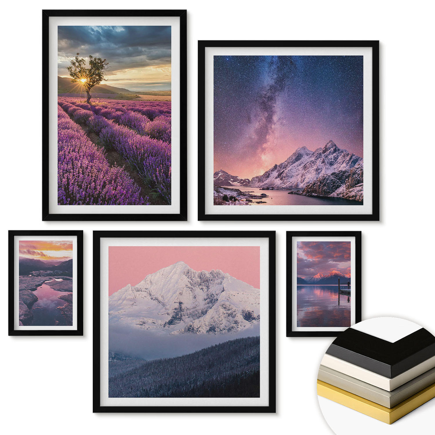 WANDBILDER 5er-Set - 50x50 cm & 20x30 cm & 40x60 cm Schwarzer Rahmen - Nachtstädte mit Neonlichtern - Schwarz, Kunststoff (40/60cm) - ArtPrintCave