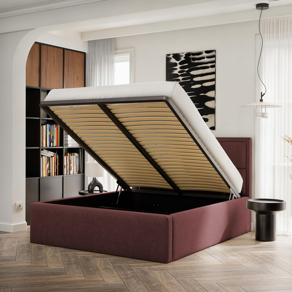 POLSTERBETT ELIN 160/200 cm Bettkasten, Bordeaux - Bordeaux, Textil/Metall (160/200cm) - Idohome