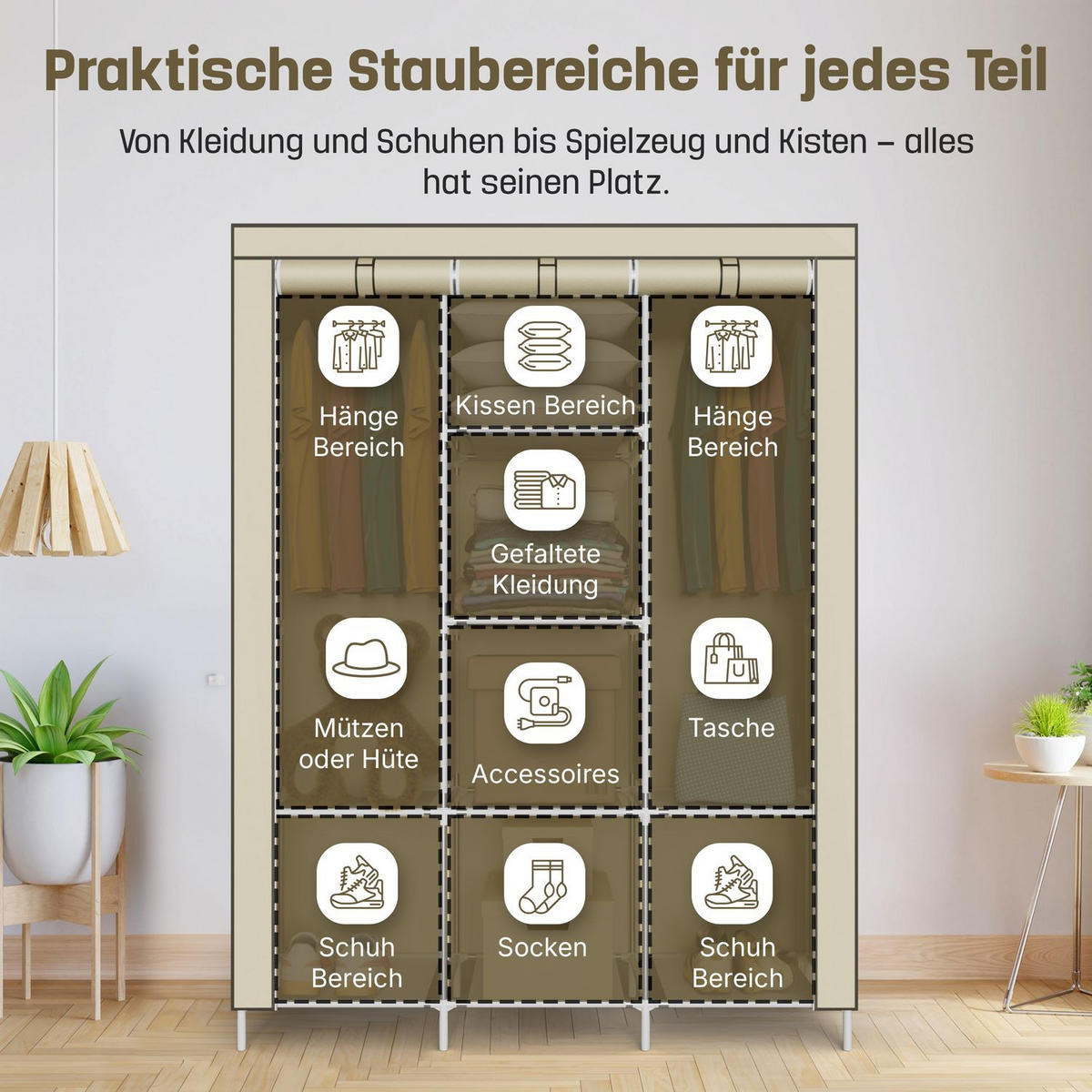 STOFFSCHRANK Kleiderschrank, 2 Kleiderstangen, 130/45/175 cm, Farbe: Beige - Beige, Textil (45/175/130cm) - Coemo