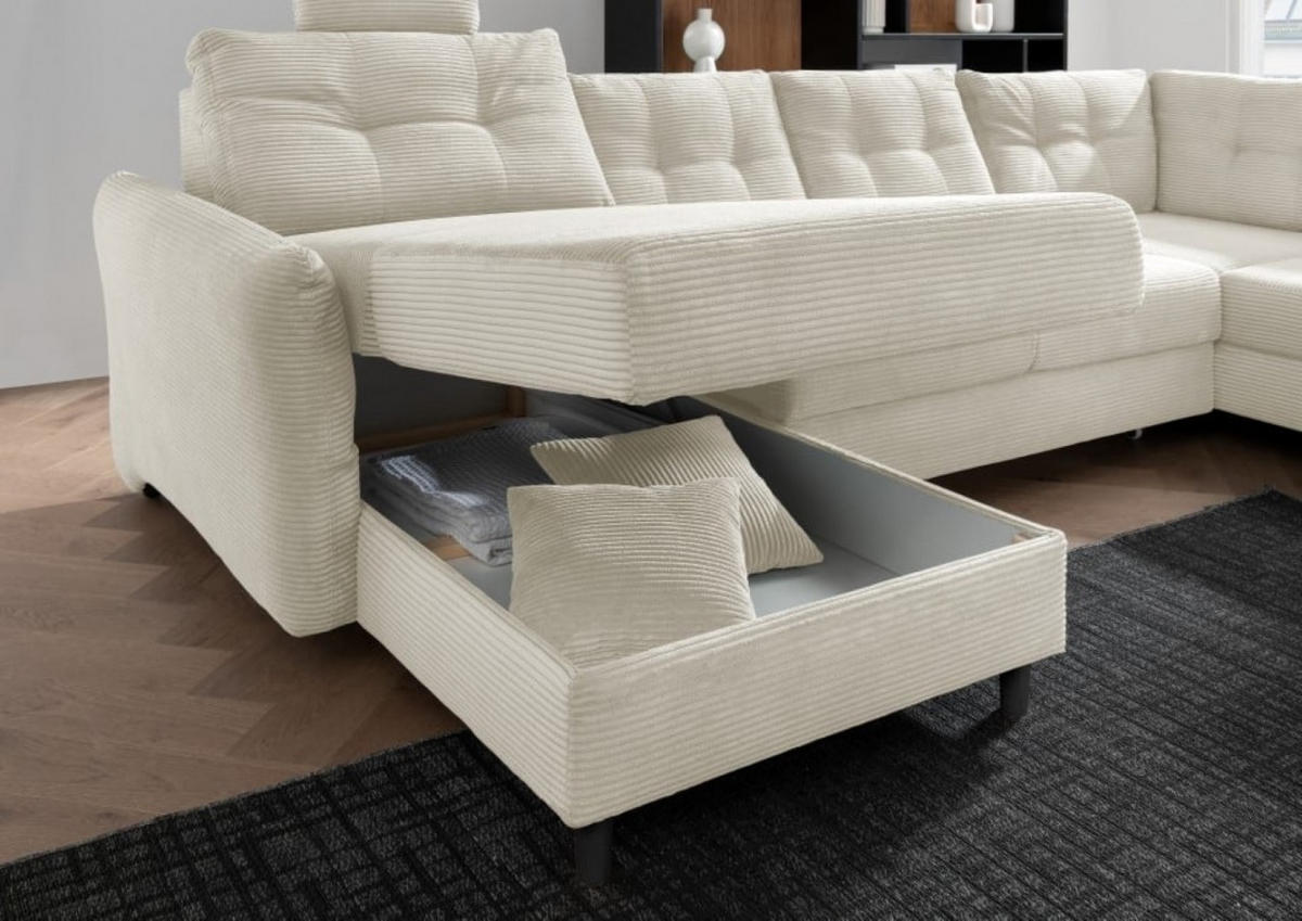 WOHNLANDSCHAFT mit Schlaffunktion, Bettkasten und Sitztiefenverstellung, Cord - Beige/Kieferfarben, Holz/Textil (206/91/340cm) - myHomelando