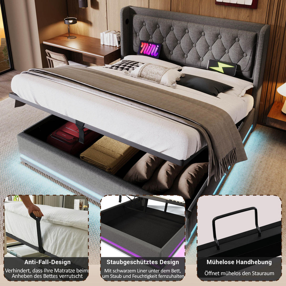POLSTERBETT 160x200cm Doppelbett hydraulisch LED & USB-C Grau Baumwolle - Grau, Holz - FLIEKS