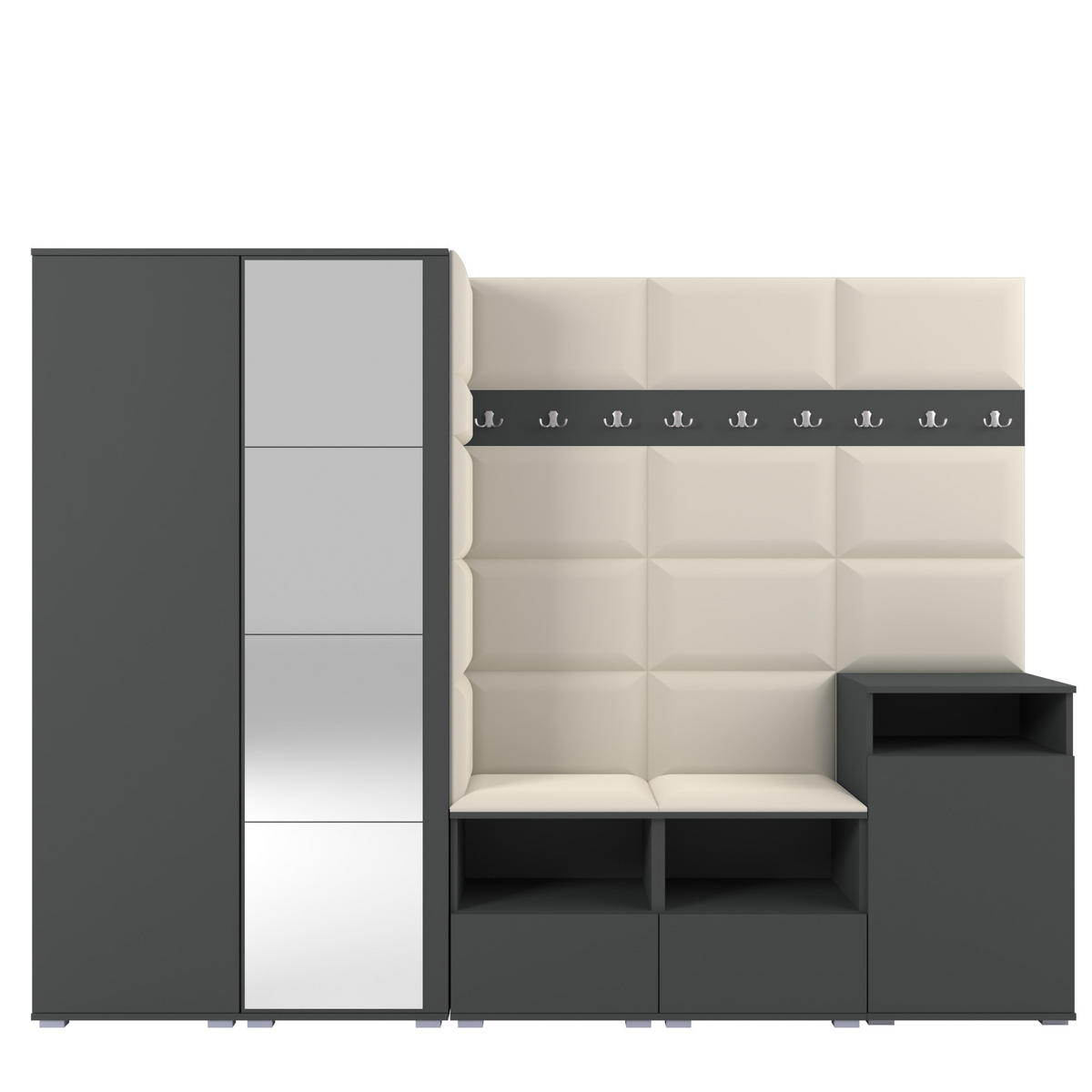 GARDEROBE NELA VIII 250 cm (Modulare Flurmöbel Graphit mit Spiegel & Sitzpolster Creme 01 Set XL) - Silberfarben/Creme, Holz/Holzwerkstoff (250/187/40cm) - Ravio