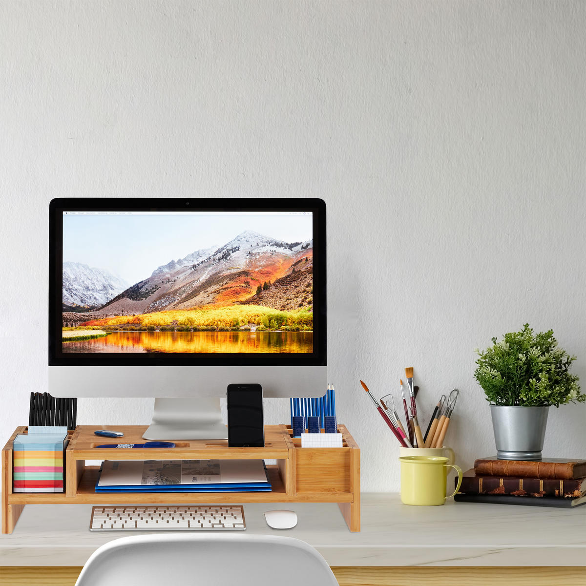 MONITORSTÄNDER Natur Bambus mit Staufächern 65 cm - Hellbraun, Holz (28/65/15cm) - Relaxdays