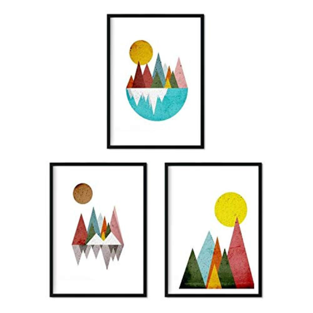 POSTER Set mit 4 Geometrische Berge nordischer A3 Schwarzer Rahmen - Schwarz, Papier (29.7/3cm) - Nacnic