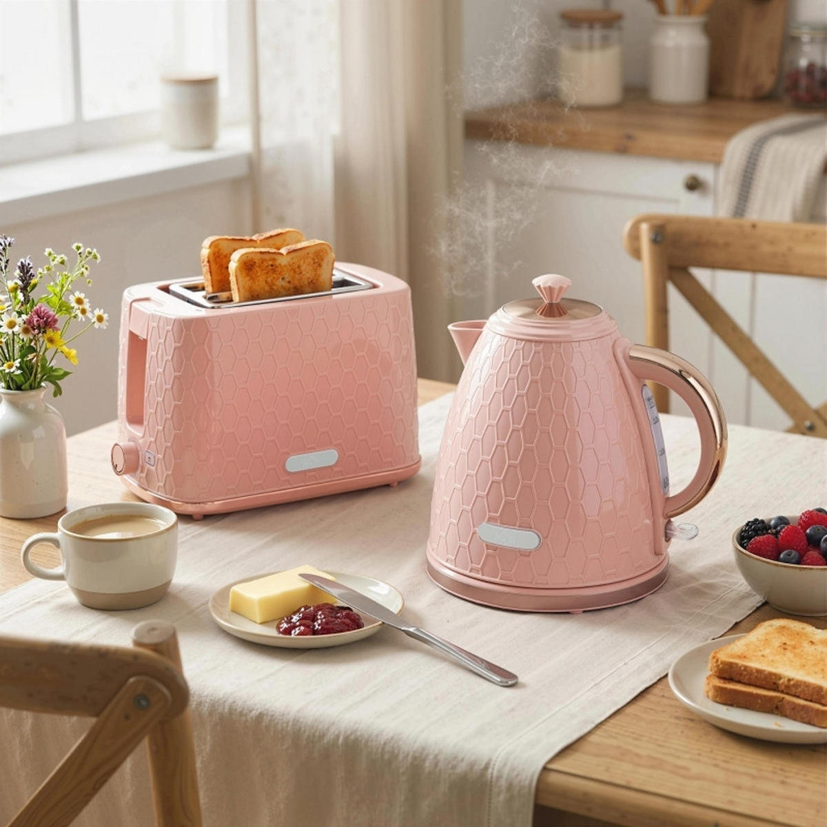 WASSERKOCHER-TOASTER SET Rosa Geriffelt 1,7 L 2200W - Pink, Kunststoff (19.5/23.4/24.2cm) - Rolipo