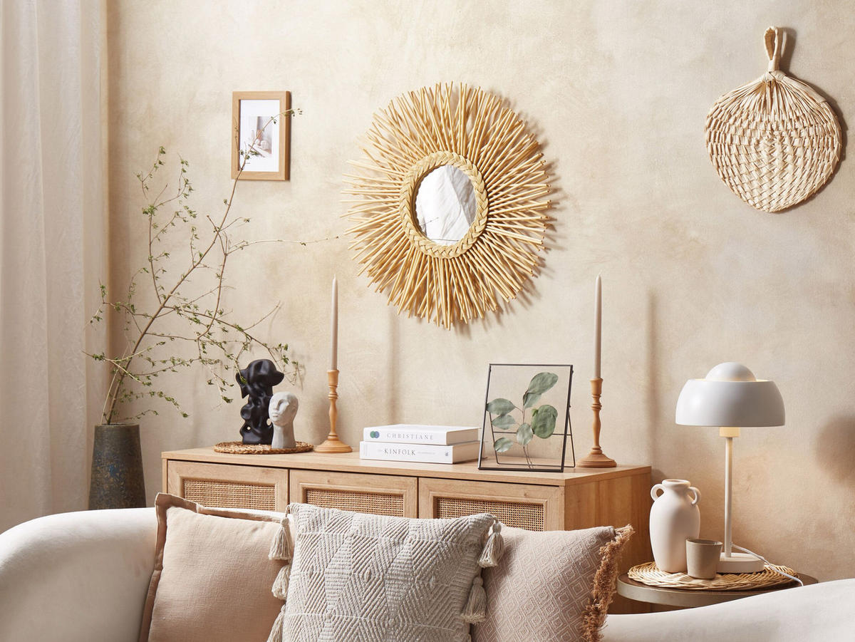 WANDSPIEGEL Rattan natürlich Sonnenform 60 cm Kalasin - Beige/Naturfarben, Naturmaterialen (60/60/3cm) - Beliani