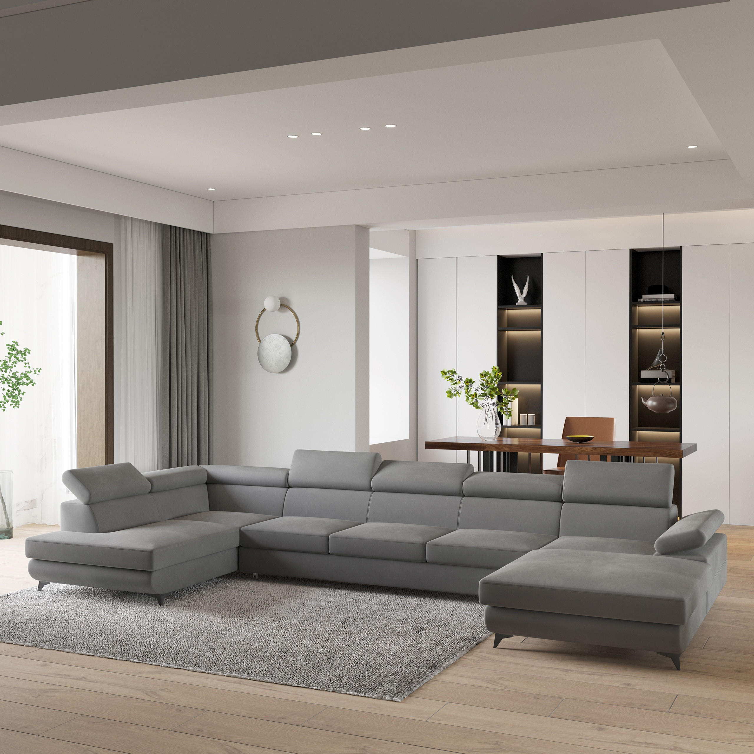 WOHNLANDSCHAFT MONTIVA Grau Velours-Stoff mit Schlaffunktion - Grau, Holz (410/89/190cm) - MASSENO