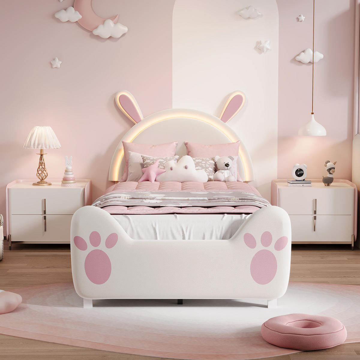 POLSTERBETT 90/200 cm mit LED-Leseleuchte im Cartoon Design - Rosa, Holz (90/200cm) - SHOPENTRA