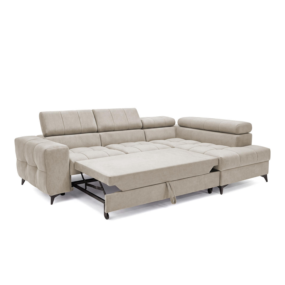 ECKSOFA PUDDING S Rechts mit Schlaffunktion 125x195 Velours Creme - Creme/Schwarz, Holz/Textil (275/177cm) - Muffo