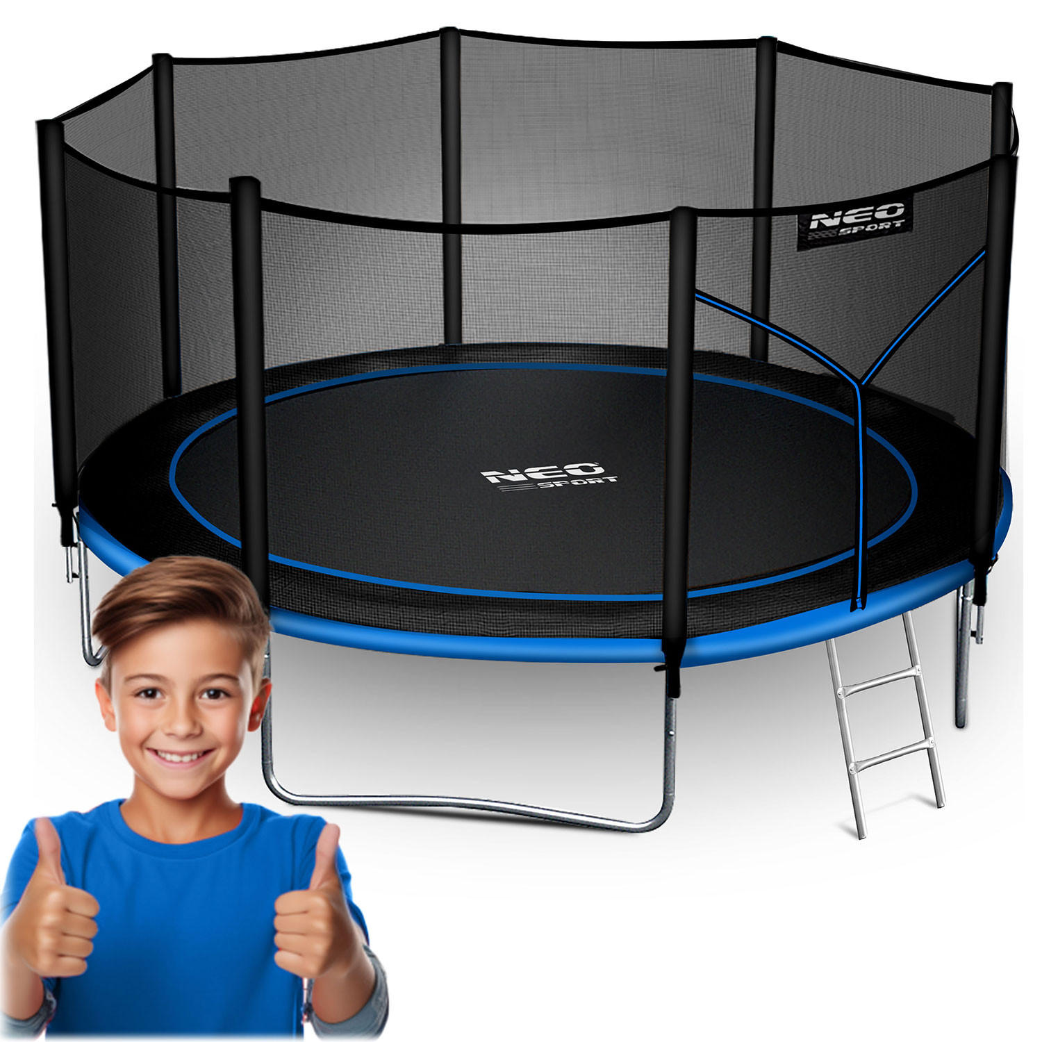 GARTENTRAMPOLIN 12 ft/374 cm mit Außennetz und Leiter - Blau, Metall (374/374cm)